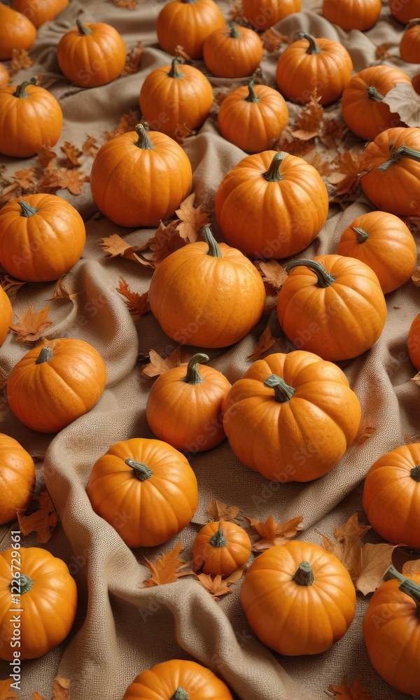 Obraz premium Individual Halloween orange pumpkins placed on an orange canvas or fabric background with some scattered leaves for added depth, orange background, seasonal decor
