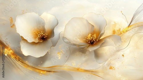 Elegant abstract floral artwork with golden accents for interior design and decor