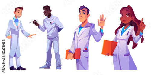 Doctor diverse character set with medical staff wearing white coats. Professional healthcare workers - cartoon hospital and clinic African specialist with clipboard, practitioners in lab uniforms.