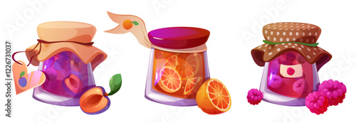 Home made preservation jars with fruits - glass containers filled with plums, orange slices and raspberries. Set of sweet homemade preserves with cloth decorated lids and matching fresh produce.