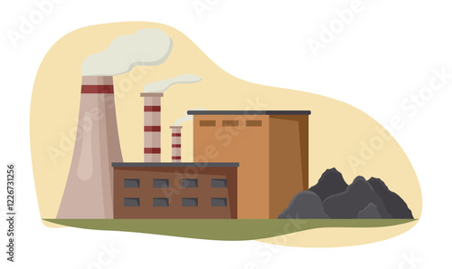 Industrial factory with smokestacks emitting smoke, coal piles, and orange buildings on a light background. Concept of pollution. Vector illustration