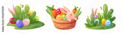 Easter holiday composition set - decorative wicker basket with pink bunny, fresh carrots, painted textured eggs hidden in spring greenery. Traditional festive collection for spring celebration.