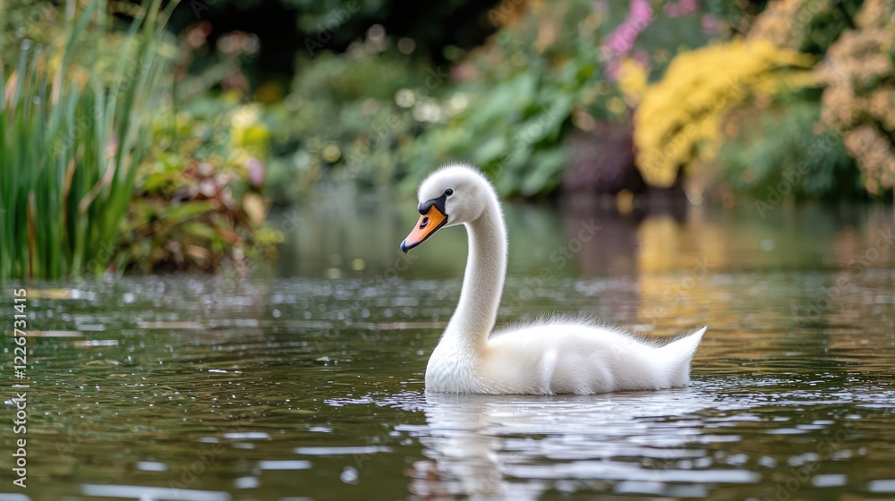 Young swan swimming in garden pond, autumn flowers background; nature, wildlife photography Young swan swimming in garden pond, autumn flowers background; nature, wildlife photography
