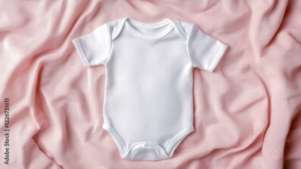 A simple white baby onesie rests on a soft pink blanket, showcasing a minimalist design perfect for newborns. A simple white baby onesie rests on a soft pink blanket, showcasing a minimalist design perfect for newborns.