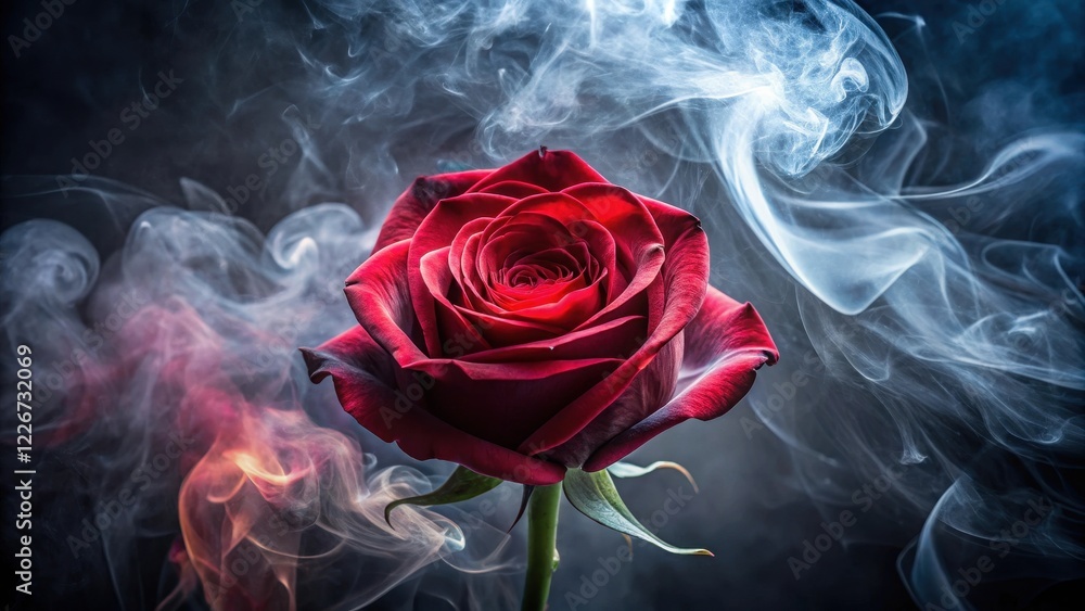 A fragrant rose with delicate petals wrapped in a swirling mist of red smoke against a dark, mysterious background A fragrant rose with delicate petals wrapped in a swirling mist of red smoke against a dark, mysterious background