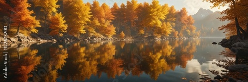 Wallpaper Mural Landscape of golden autumn leaves on a serene lake, sky blue, nature scenery, foliage Torontodigital.ca