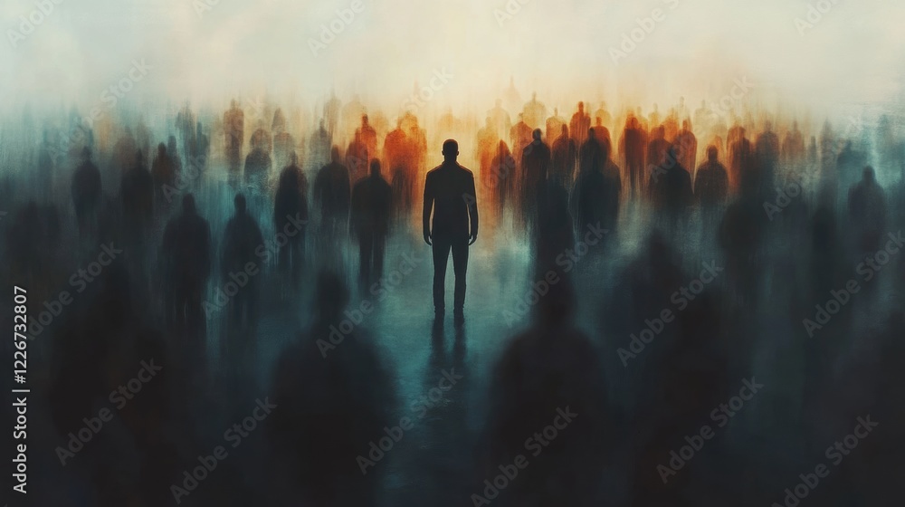 Lone man standing tall among a crowd of dark silhouettes at dawn Lone man standing tall among a crowd of dark silhouettes at dawn