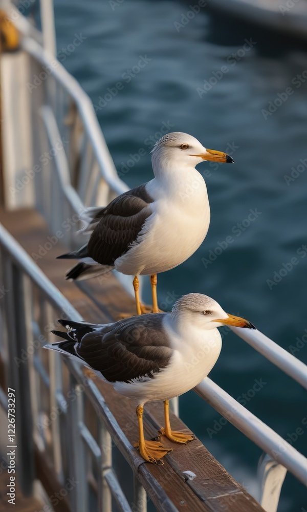 Obraz premium Lesser black backed gull on ship railing in motion, bird, ocean, seagull