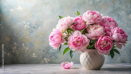 delicate pink peony flowers arranged in a elegant vase with lush greenery and subtle floral patterns