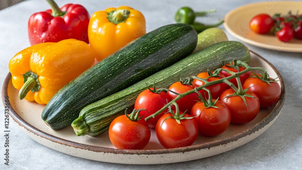 Close up of fresh garden vegetables including zucchini, bell peppers, and cherry tomatoes on a rustic plate Close up of fresh garden vegetables including zucchini, bell peppers, and cherry tomatoes on a rustic plate