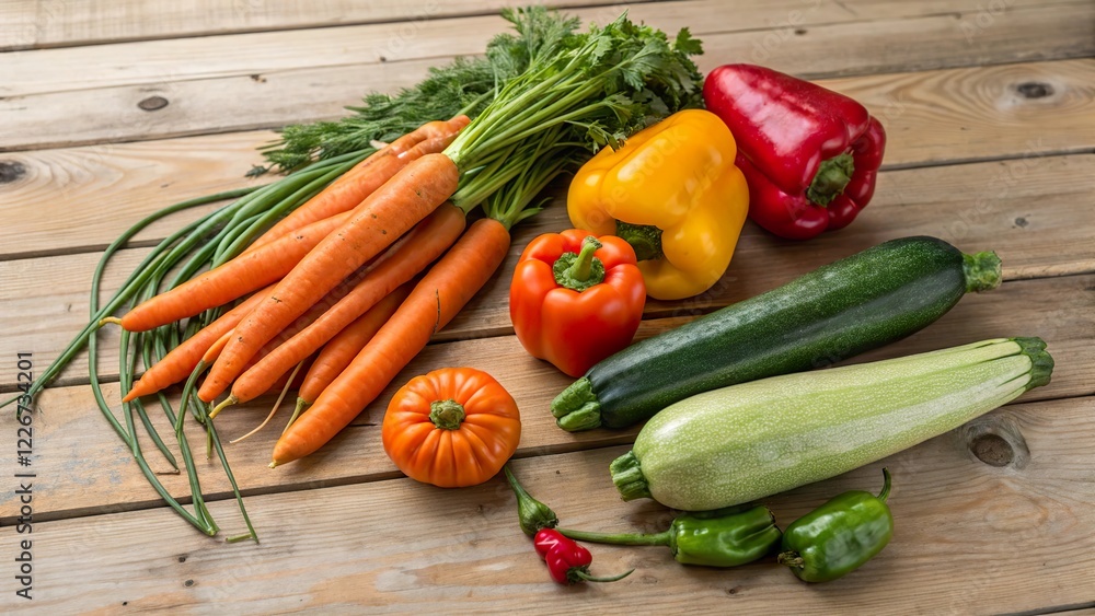 Colorful arrangement of fresh mixed vegetables on a wooden table showcasing their vibrant colors and natural freshness Colorful arrangement of fresh mixed vegetables on a wooden table showcasing their vibrant colors and natural freshness