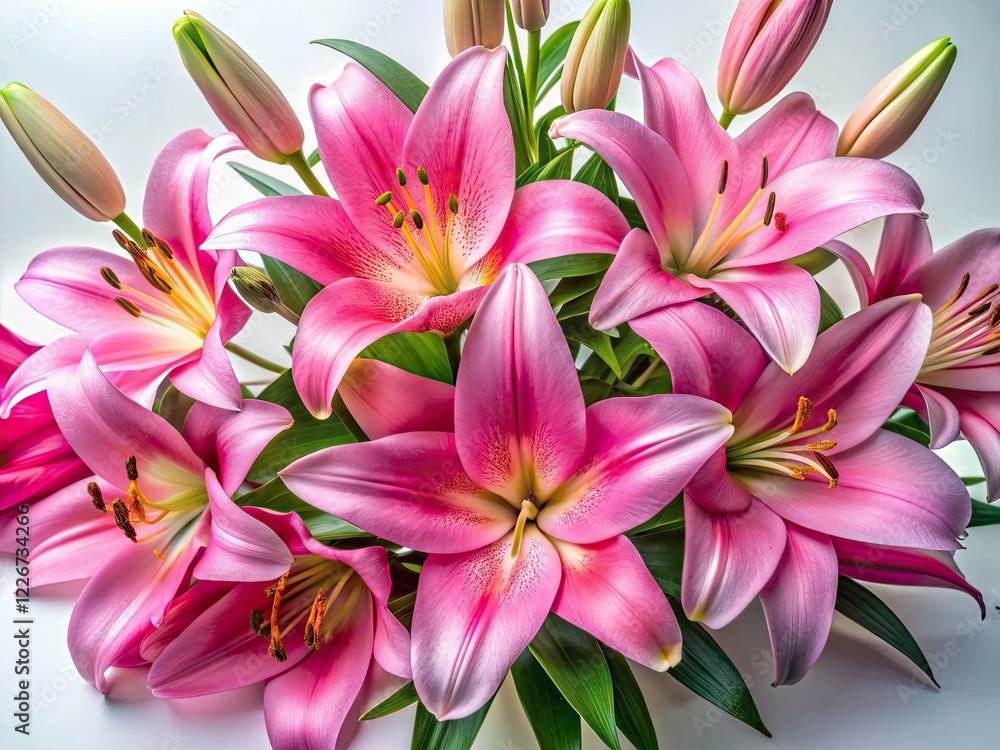 Fototapeta premium Drone Shot: Pink Lilies & Buds on White - High-Resolution Photography