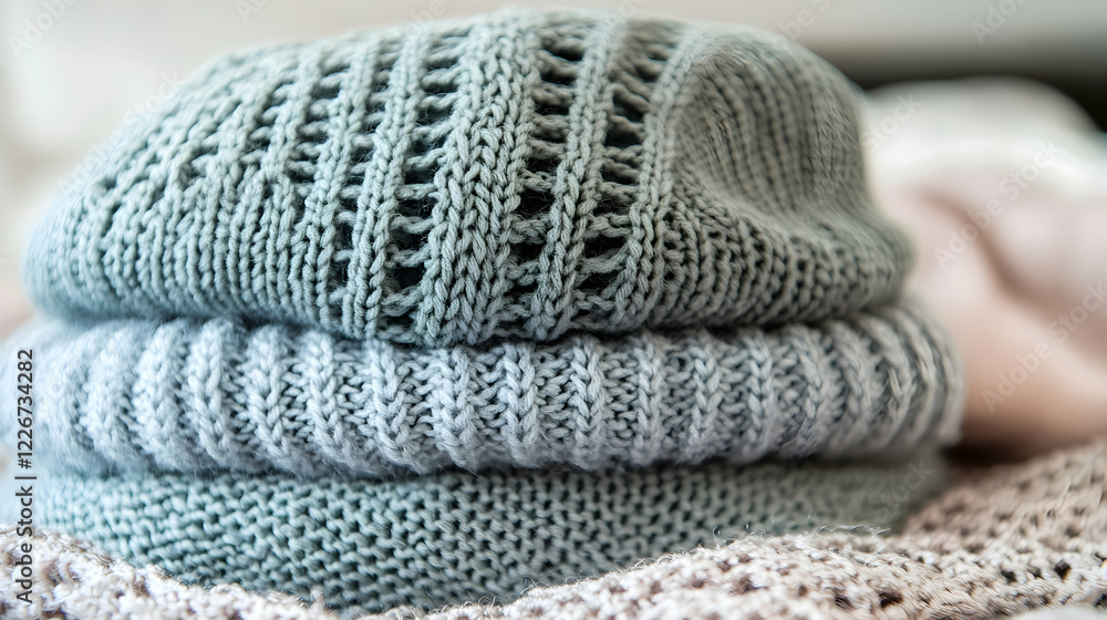 Stacked knit sweaters, soft texture, cozy home interior, winter fashion, online shop product Stacked knit sweaters, soft texture, cozy home interior, winter fashion, online shop product