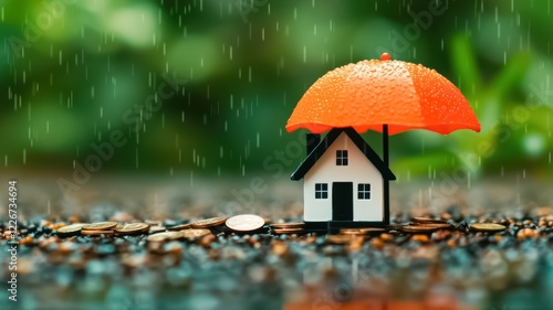 Wallpaper Mural A miniature house sheltered under an orange umbrella amidst rain, symbolizing protection and safety in a whimsical, nature-inspired setting. Torontodigital.ca