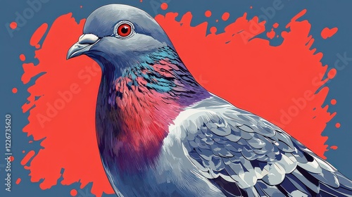 Colorful pigeon portrait, urban background, artistic style, website banner photo