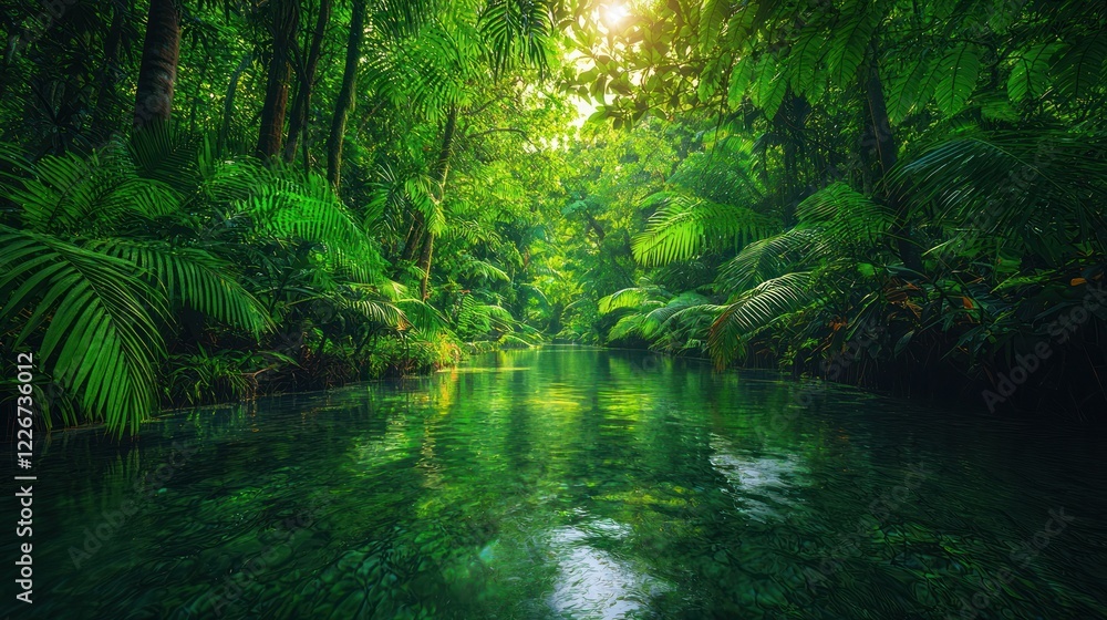 Lush tropical forest with a clear river under sunlight. Lush tropical forest with a clear river under sunlight.