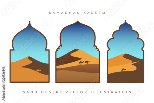 set of islamic ornaments of mosque with beautiful dune desert scenery and camels, vector illustration