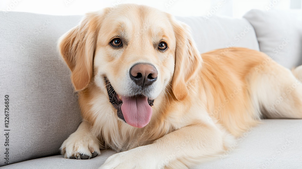 A Happy Golden Retriever Relaxing on a Gray Couch, Enjoying a Moment of Comfort and Contentment Indoors. The Dog's Playful Express A Happy Golden Retriever Relaxing on a Gray Couch, Enjoying a Moment of Comfort and Contentment Indoors. The Dog's Playful Express