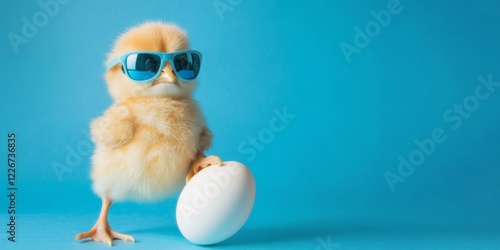 happy easter concept holiday greeting card - Cool cute chick with sunglasses and easter egg, isolated on blue background