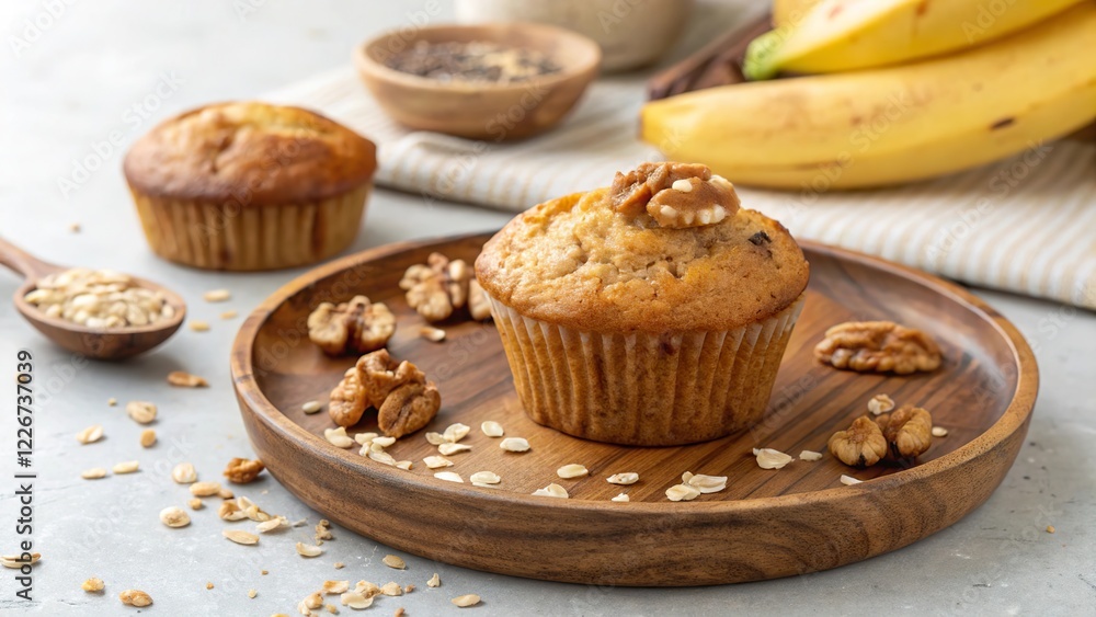 Oat and banana muffin topped with walnuts served on a wooden plate with bananas in the background Oat and banana muffin topped with walnuts served on a wooden plate with bananas in the background