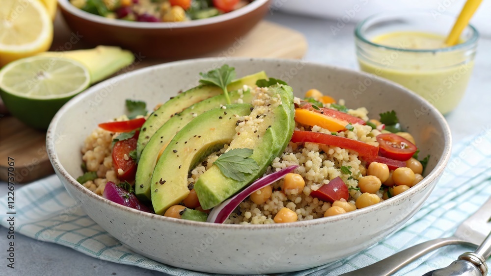 Fresh and vibrant quinoa and chickpea salad topped with creamy avocado and colorful vegetables Fresh and vibrant quinoa and chickpea salad topped with creamy avocado and colorful vegetables
