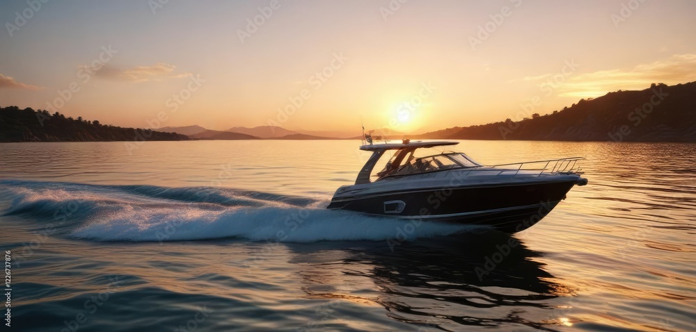 Motor boat on the water against the evening sun with people on board, waves, sailing Motor boat on the water against the evening sun with people on board, waves, sailing