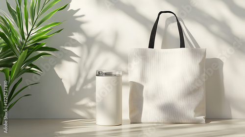 Wallpaper Mural White Striped Tote Bag and Tumbler with Palm Plant in Sunlight Torontodigital.ca