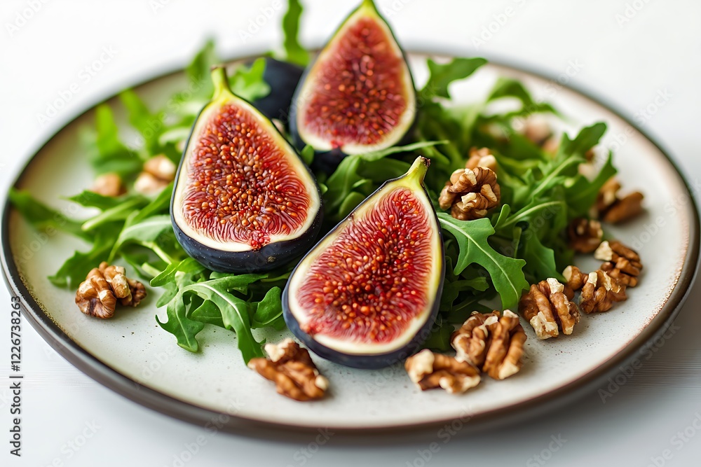 A minimalist plate showcasing a few perfectly cut black figs nestled among fresh arugula and walnuts, creating an elegant appetizer display. A minimalist plate showcasing a few perfectly cut black figs nestled among fresh arugula and walnuts, creating an elegant appetizer display.