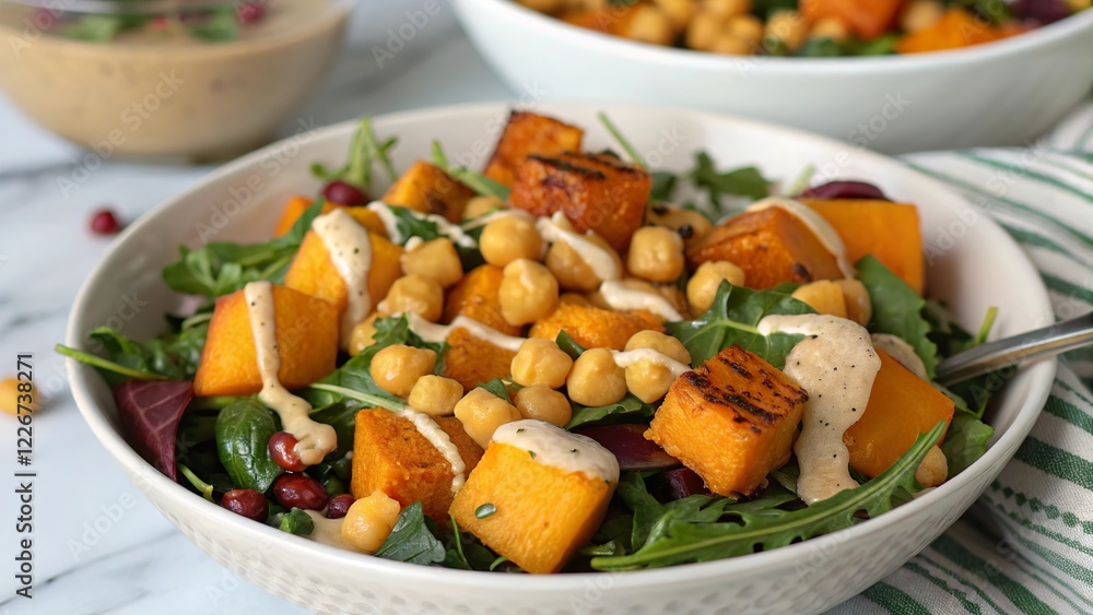 Roasted butternut squash and chickpea salad served with tahini dressing on a fresh bed of greens Roasted butternut squash and chickpea salad served with tahini dressing on a fresh bed of greens