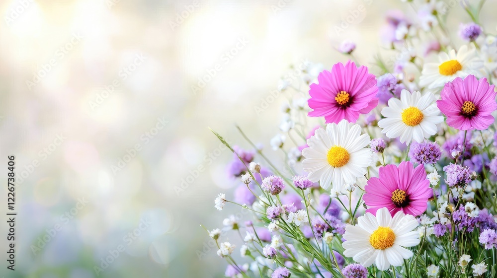 Fototapeta premium Summer wildflowers bouquet, garden bokeh background, floral arrangement, greeting card design