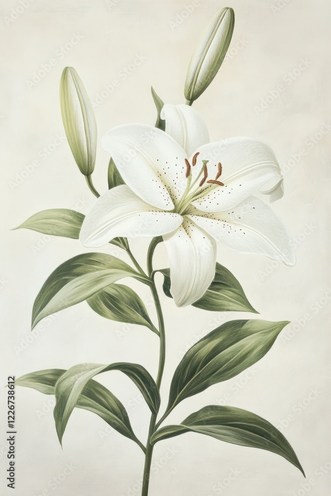 White lily flower, elegant bloom, soft background, botanical illustration, home decor White lily flower, elegant bloom, soft background, botanical illustration, home decor