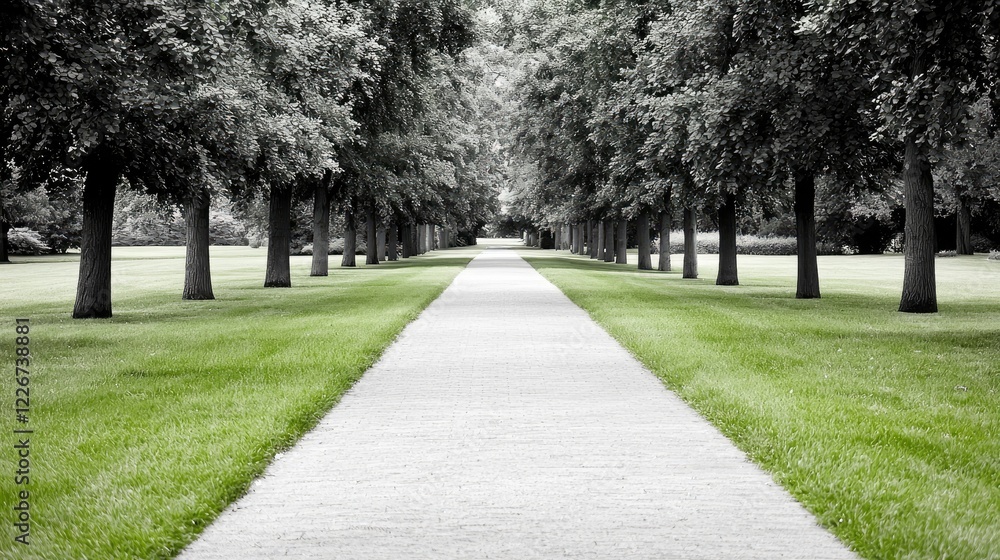 Serene park path, trees lining walkway, peaceful background, nature scene, perfect for travel brochures Serene park path, trees lining walkway, peaceful background, nature scene, perfect for travel brochures