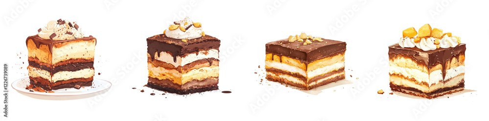 Flat style illustration of a chocolate lasagna, clean lines, layered textures, and rich brown tones, isolated on white background. Collection Png. Flat style illustration of a chocolate lasagna, clean lines, layered textures, and rich brown tones, isolated on white background. Collection Png.