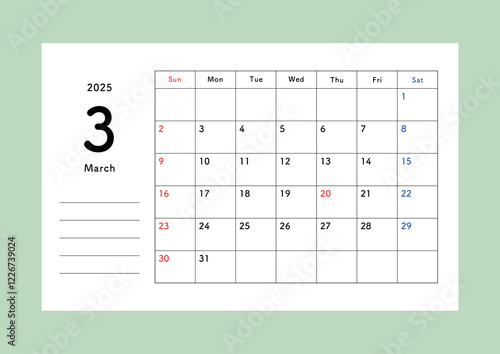 2025年カレンダー　3月