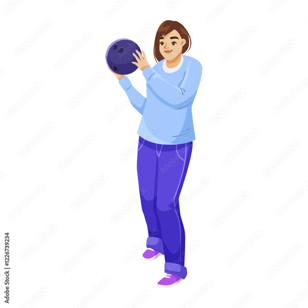 Woman holding a bowling ball, wearing casual purple pants and light blue top, isolated on white background. Concept of bowling activity. Vector illustration