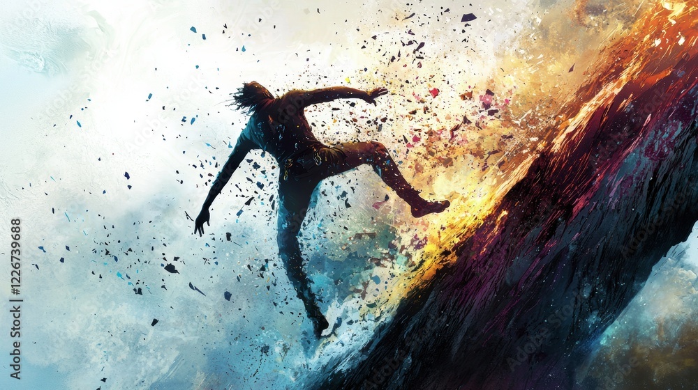 Naklejka premium Person falling into abstract space while colorful fragments scatter in the air