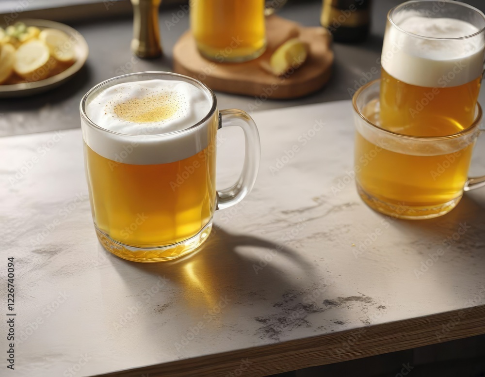 Overhead shot of a kitchen counter with a glass mug containing golden yellow beer and topped with white foam, countertop, overhead view Overhead shot of a kitchen counter with a glass mug containing golden yellow beer and topped with white foam, countertop, overhead view