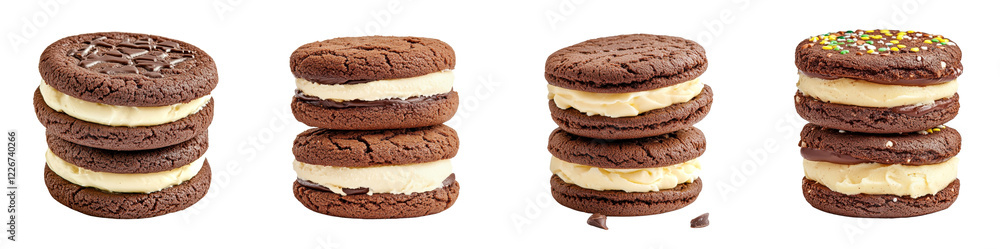 Chocolate cookie sandwiches, with creamy filling, isolated on a white background. Collection Png. Chocolate cookie sandwiches, with creamy filling, isolated on a white background. Collection Png.