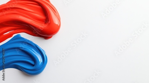Bright red and blue paint swirls create dynamic contrast on whit