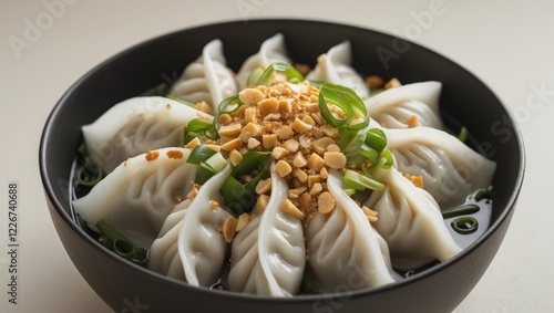Close up of a black bowl filled with dumplings topped with chopped peanuts and scallions