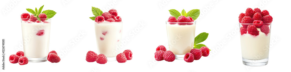 Milk and raspberries in a glass, isolated on a white background. Collection Png. Milk and raspberries in a glass, isolated on a white background. Collection Png.