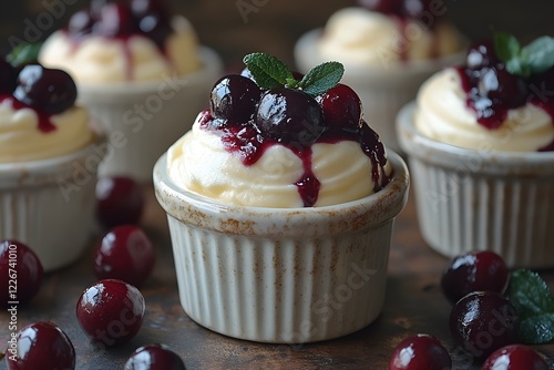 Delicious Cherry-Topped Vanilla Desserts in Rustic Ramekins for Gourmet Culinary Displays photo