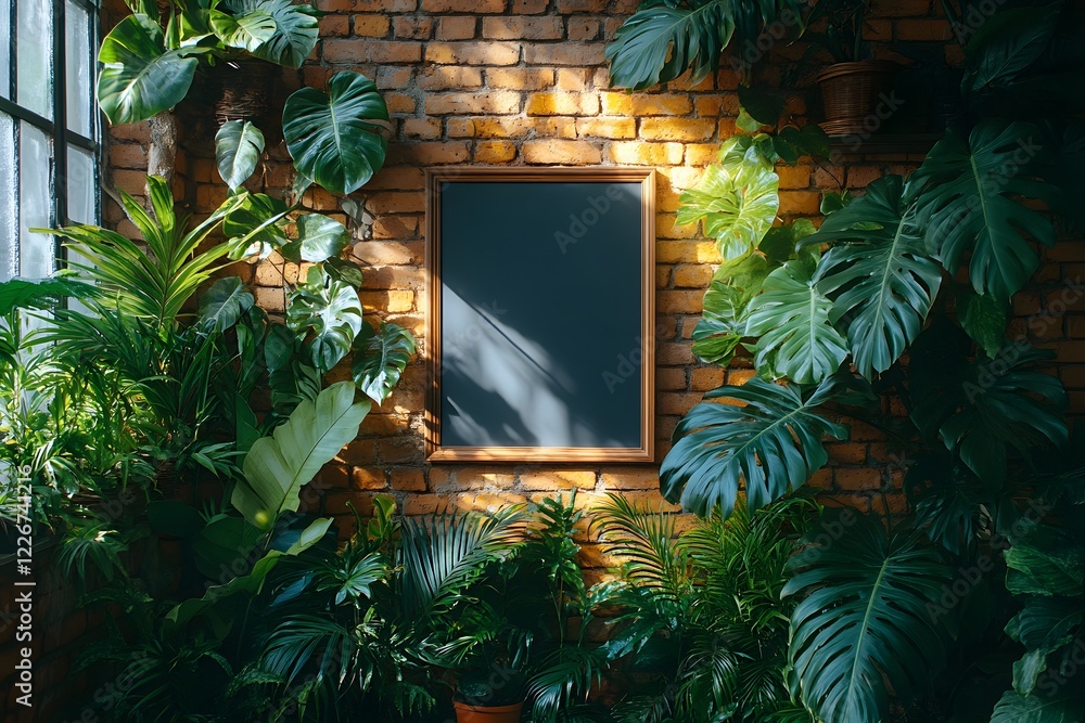 Fotografie Tropical Greenery Indoors with Empty Chalkboard for Creative Ideas