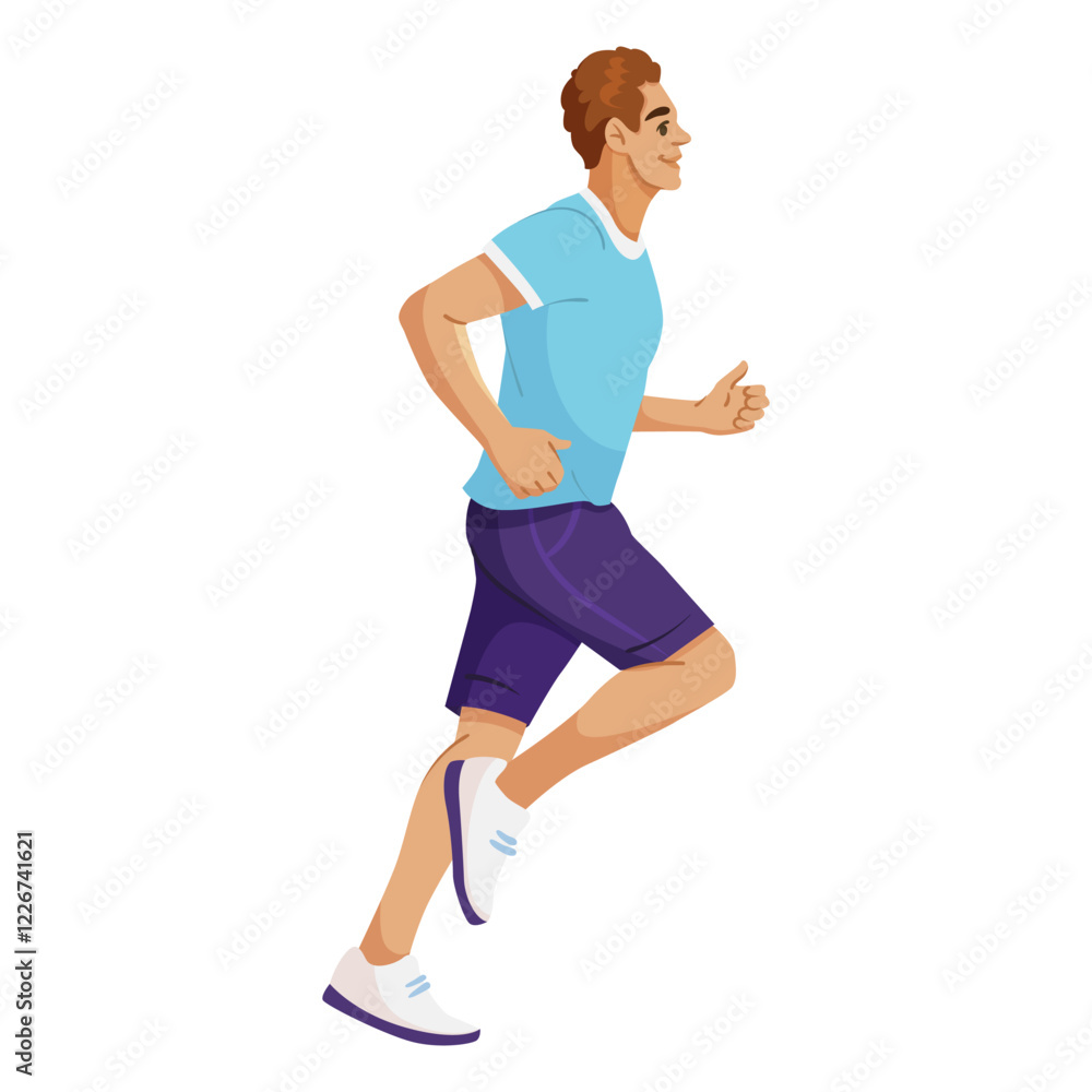 Fototapeta premium A man in athletic clothing jogging, wearing a blue shirt and purple shorts, on a white background. Concept of fitness and healthy lifestyle. Vector illustration