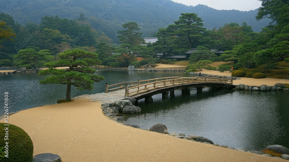 Fototapeta premium Serene Japanese Garden Landscape: A Wooden Bridge Over Calm Waters