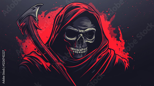 Deathful race sketch icon of furious skeleton or grim reaper with stylized checkered racing flag. Use as racing club, motorsport competition symbol or tattoo design photo