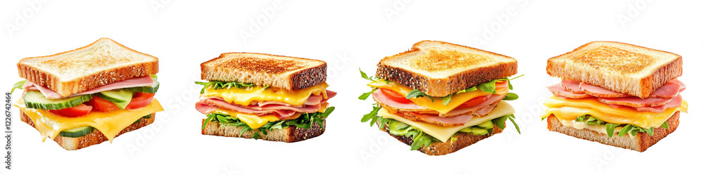 Classic ham and cheese sandwich neatly layered, isolated on a white background. Collection Png. Classic ham and cheese sandwich neatly layered, isolated on a white background. Collection Png.