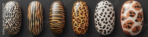 Set of floating tubes with wild animal prints, showcased from the top on a clear surface. photo