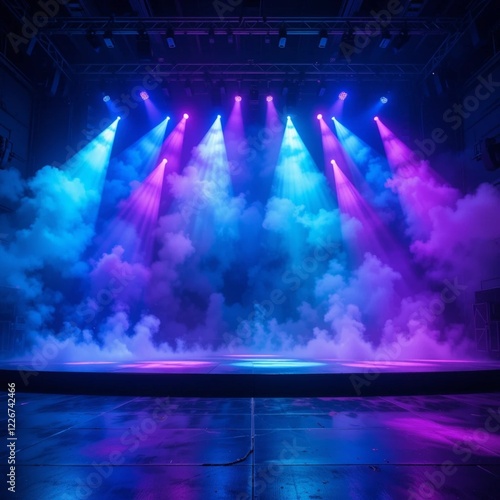 Theater stage with colorful floodlights and smoke background,Fog Machine Party,A theater stage bathed in blue and purple lighting with a subtle fog effect.