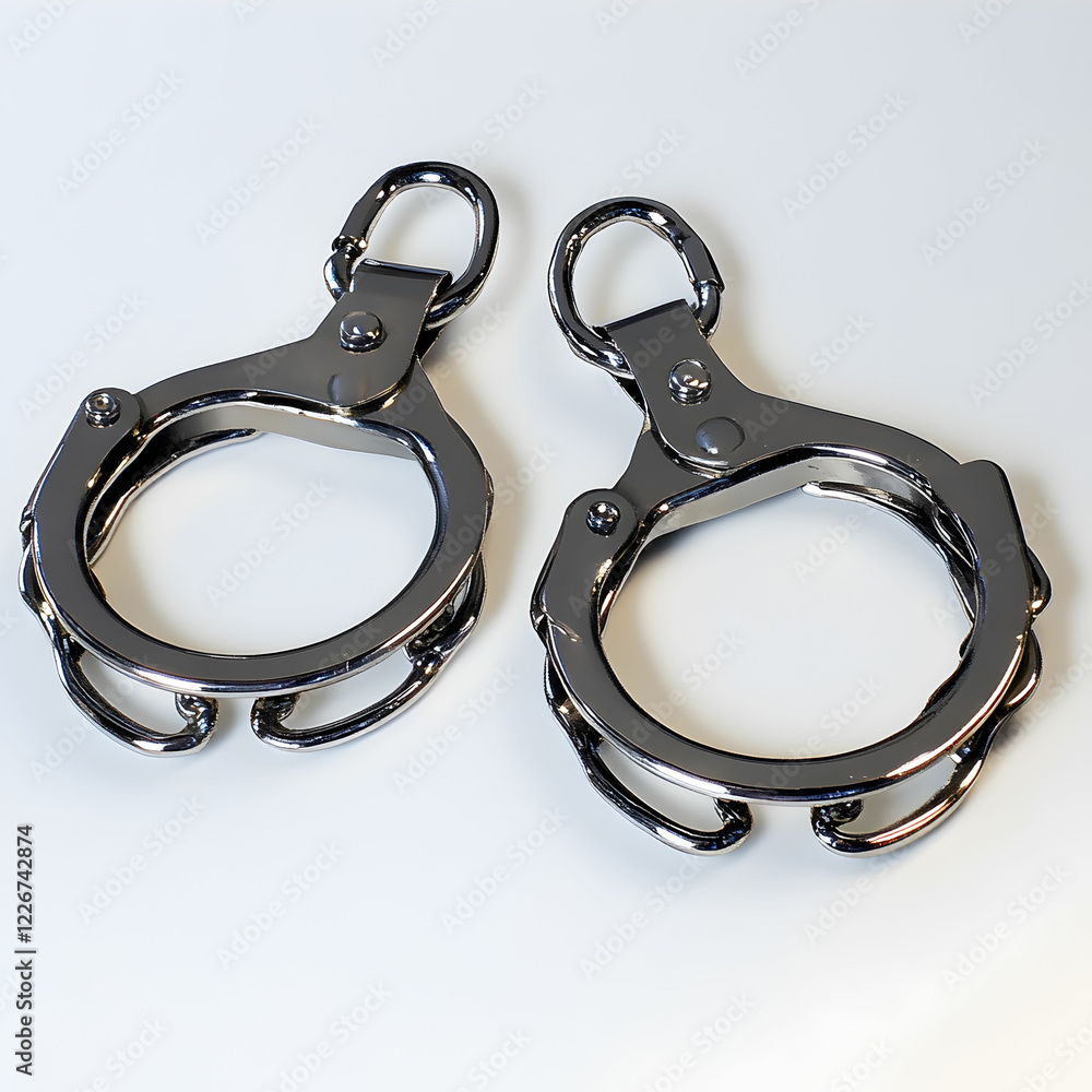 A pair of metallic handcuffs with a sturdy chain, placed neatly on a white background to highlight their design A pair of metallic handcuffs with a sturdy chain, placed neatly on a white background to highlight their design